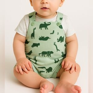 NEW Little‎ Me Boys Green Novelty Jungle Animal Soft Overall Bibs sz 3 Mo